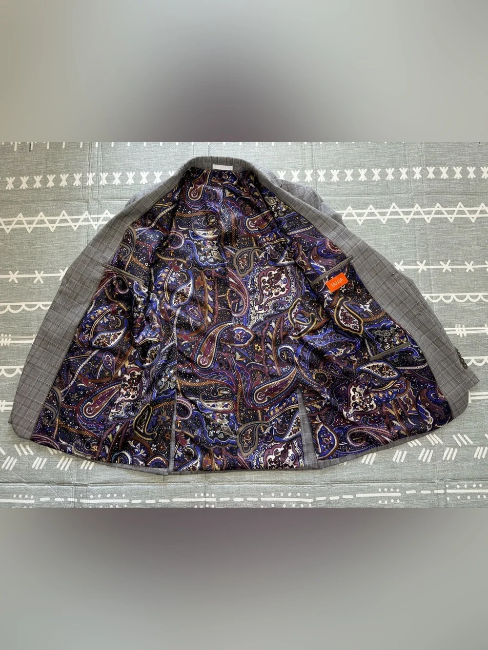 Tallia Gray Windowpane Men's Blazer with Paisley Lining